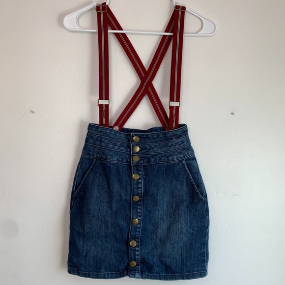 Forever 21 Dresses & Skirts - Forever 21 Denim Mini Skirt With Red Suspenders